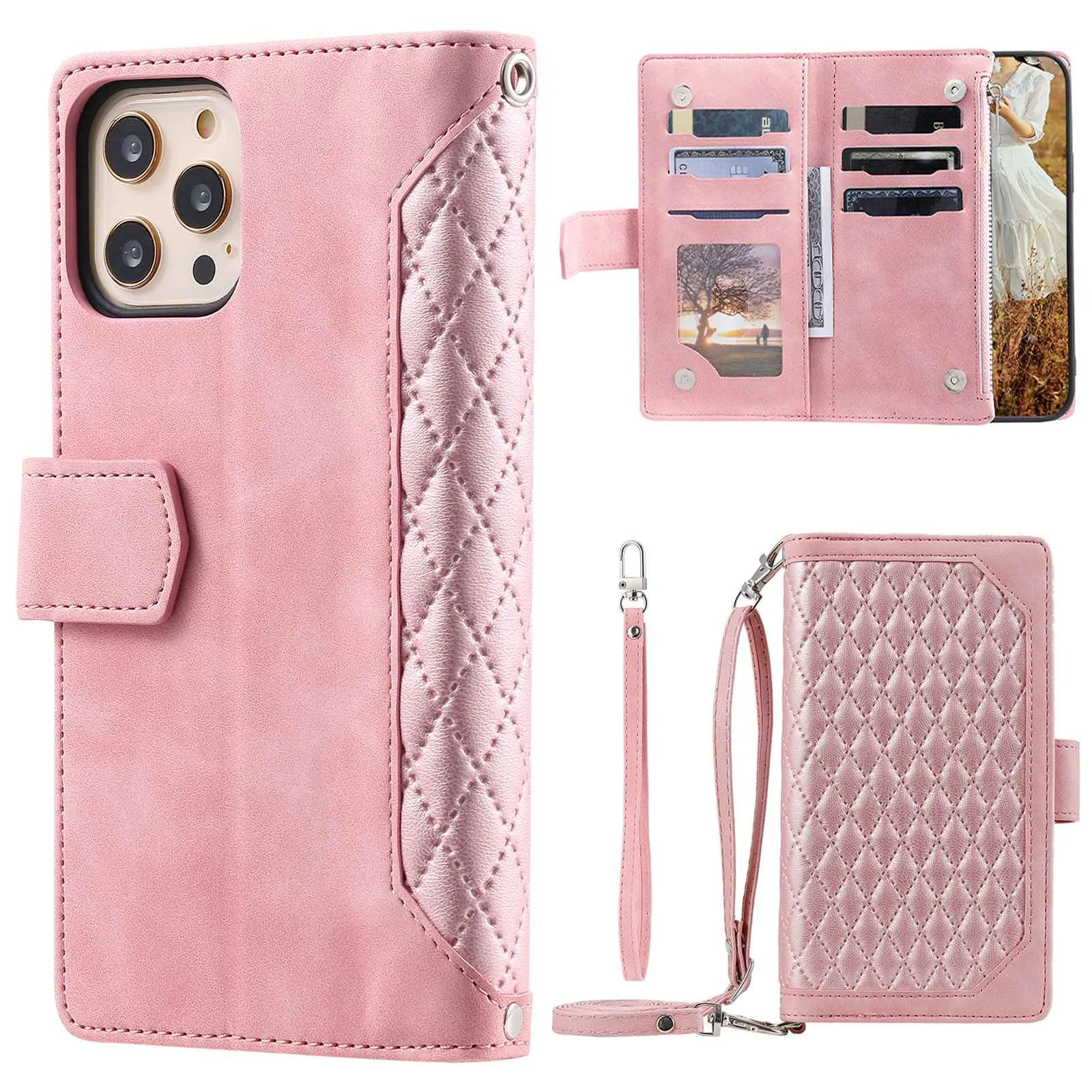 005 Style Anti-scratch Phone Wallet Case for iPhone 12 Pro Max 6.7 inch, Full Protection Rhombus Texture Zipper Pocket PU Leather Mobile Phone Cover Stand with Strap