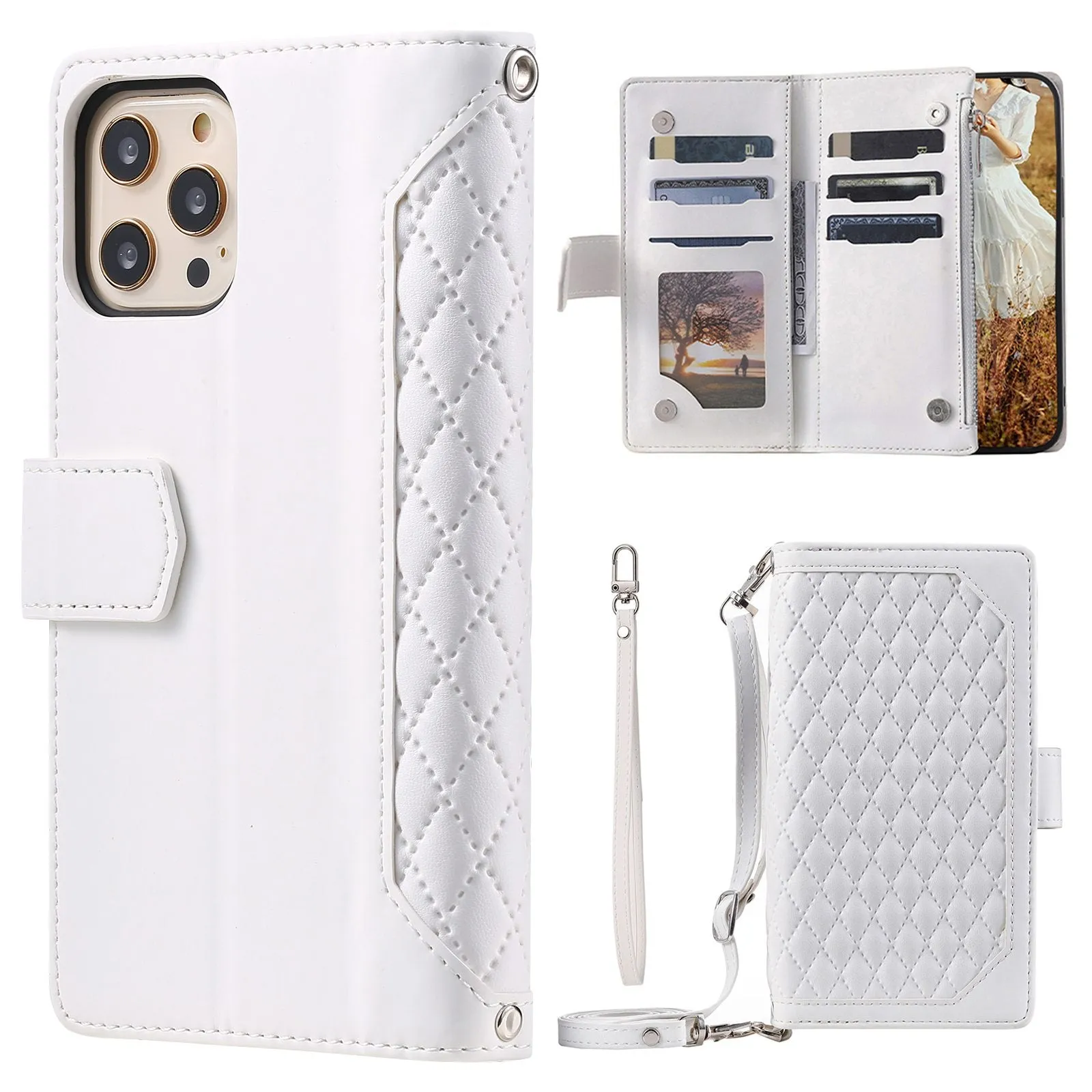 005 Style Anti-scratch Phone Wallet Case for iPhone 12 Pro Max 6.7 inch, Full Protection Rhombus Texture Zipper Pocket PU Leather Mobile Phone Cover Stand with Strap