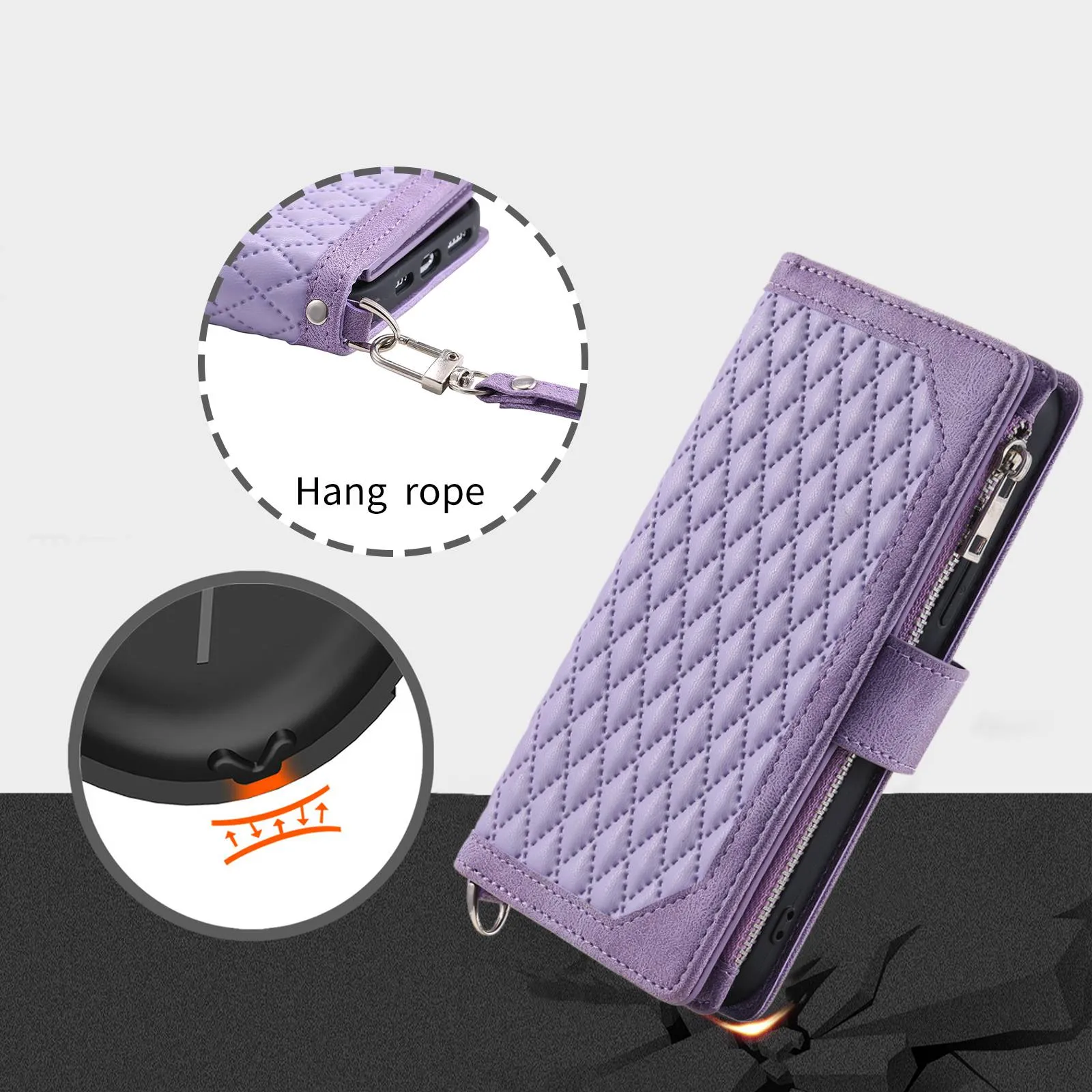 005 Style Anti-scratch Phone Wallet Case for iPhone 12 Pro Max 6.7 inch, Full Protection Rhombus Texture Zipper Pocket PU Leather Mobile Phone Cover Stand with Strap