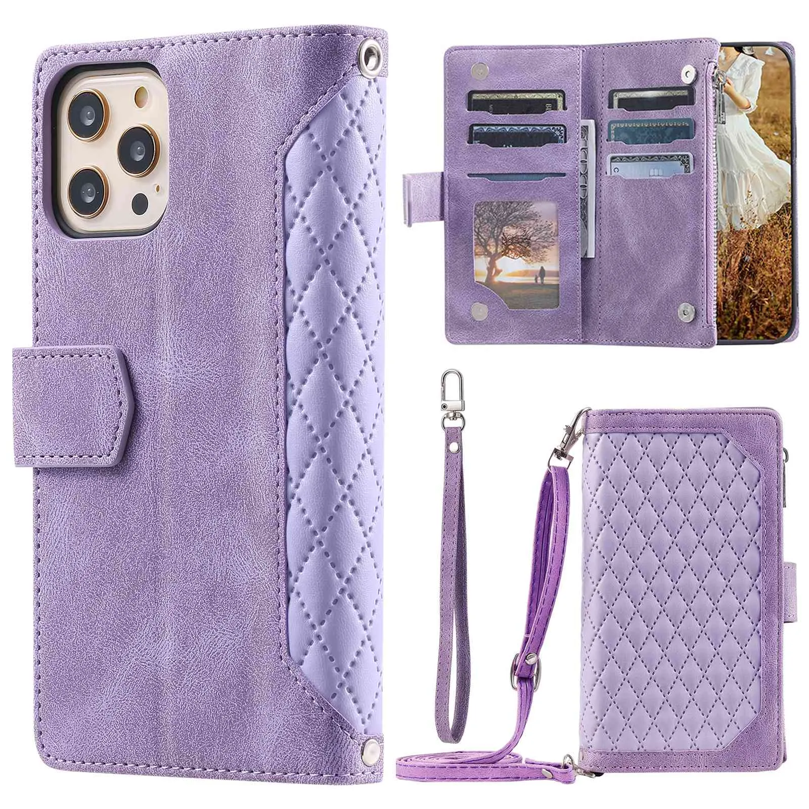 005 Style Anti-scratch Phone Wallet Case for iPhone 12 Pro Max 6.7 inch, Full Protection Rhombus Texture Zipper Pocket PU Leather Mobile Phone Cover Stand with Strap