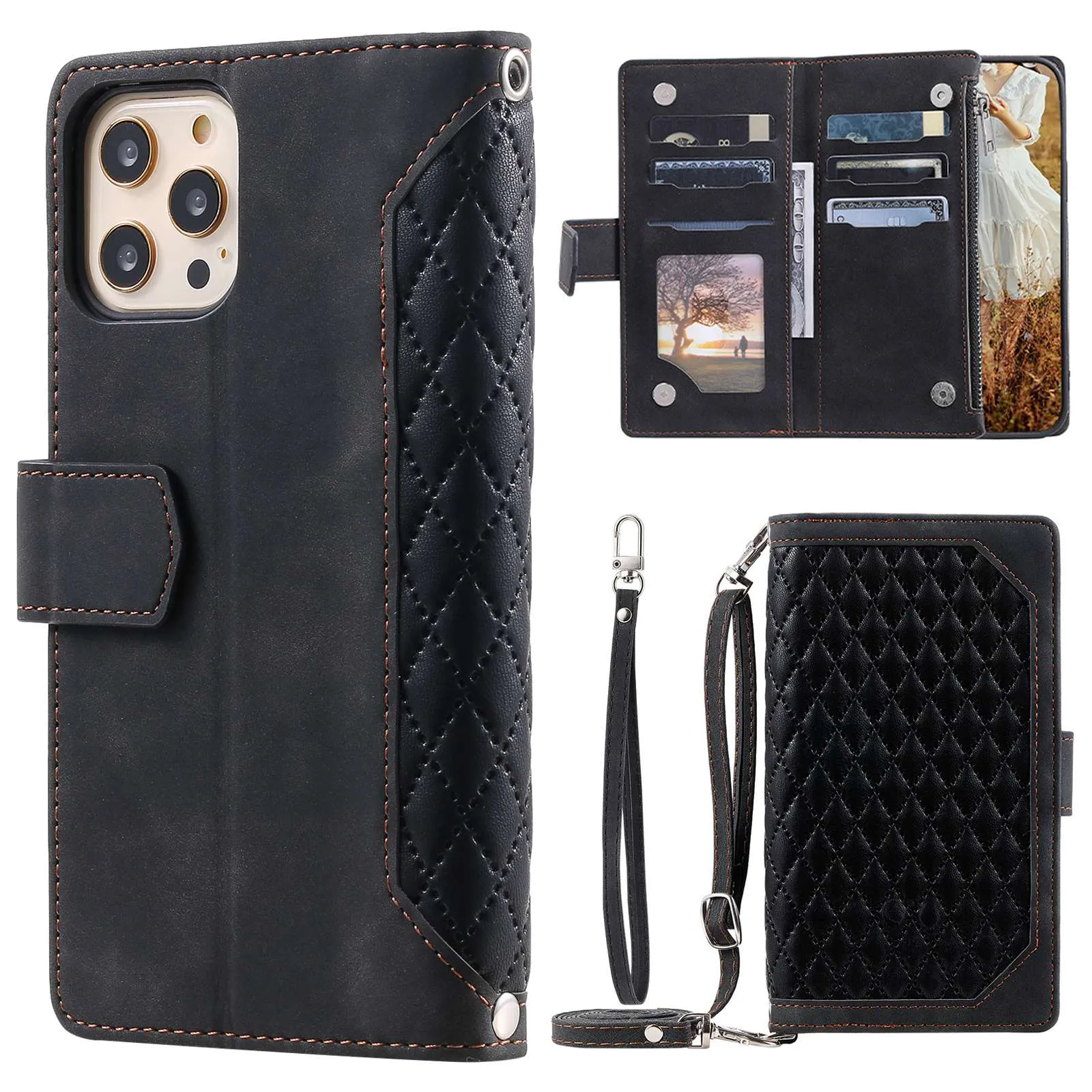 005 Style Anti-scratch Phone Wallet Case for iPhone 12 Pro Max 6.7 inch, Full Protection Rhombus Texture Zipper Pocket PU Leather Mobile Phone Cover Stand with Strap