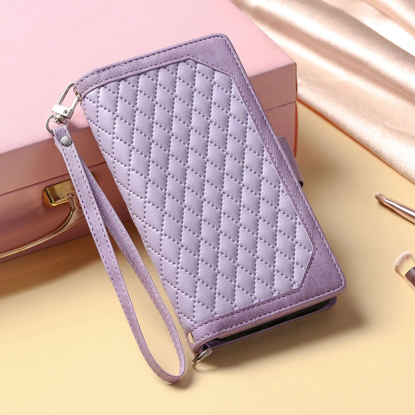 005 Style For Xiaomi Mi 11 Lite 4G / 5G / 5G NE, Rhombus Texture PU Leather Zipper Pocket Phone Case Shockproof Wallet Cover Viewing Stand with Strap