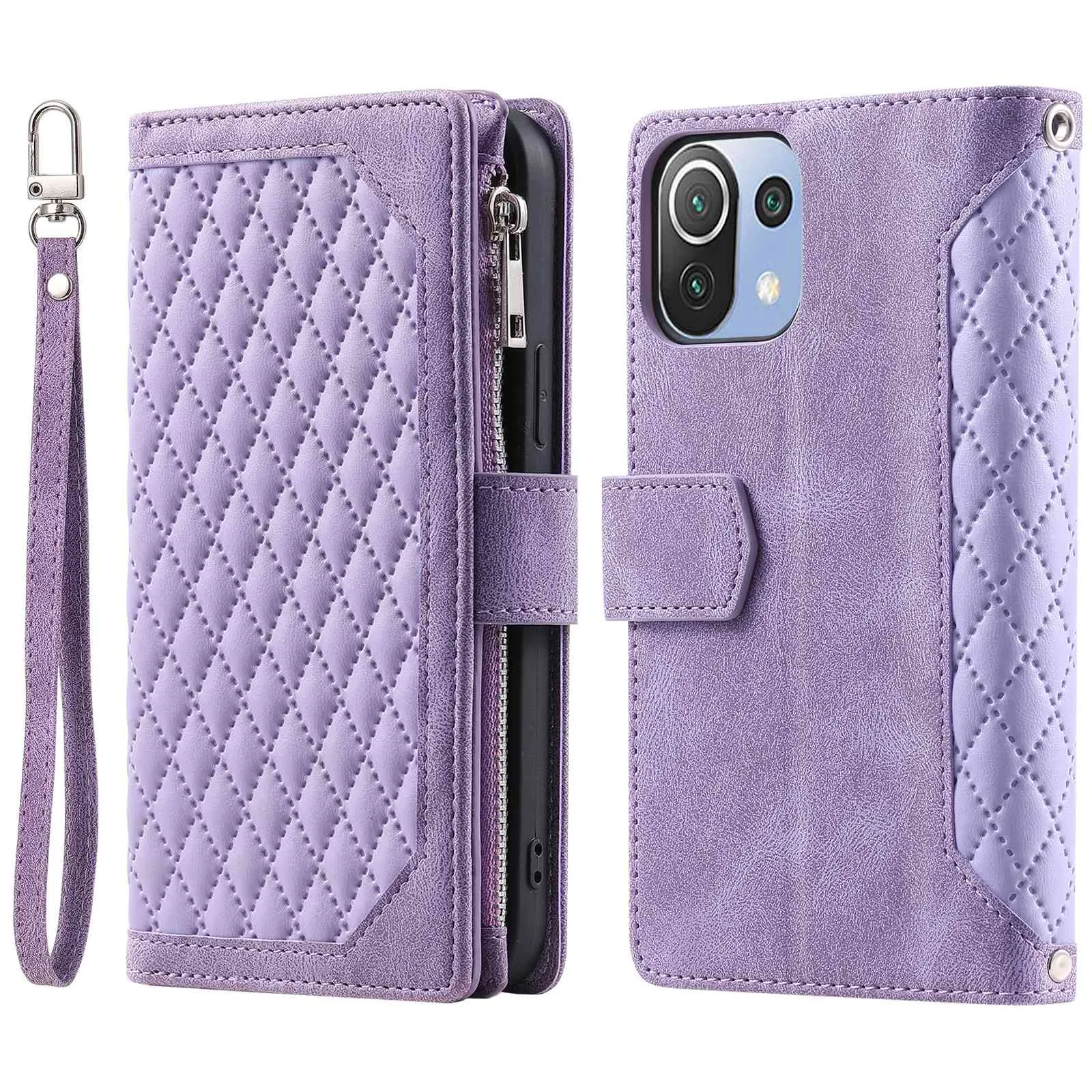 005 Style For Xiaomi Mi 11 Lite 4G / 5G / 5G NE, Rhombus Texture PU Leather Zipper Pocket Phone Case Shockproof Wallet Cover Viewing Stand with Strap