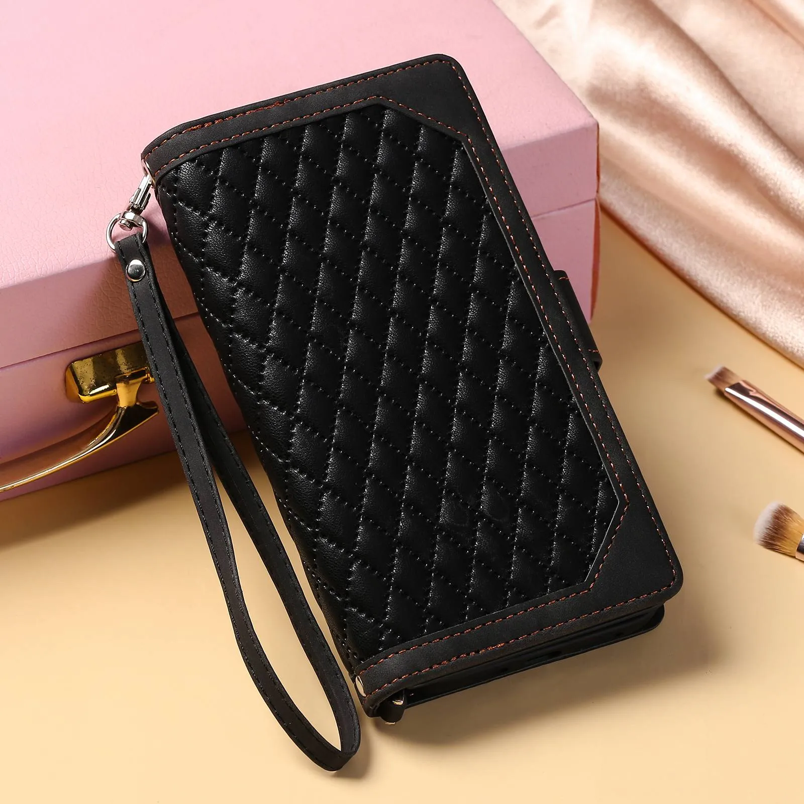 005 Style For Xiaomi Mi 11 Lite 4G / 5G / 5G NE, Rhombus Texture PU Leather Zipper Pocket Phone Case Shockproof Wallet Cover Viewing Stand with Strap