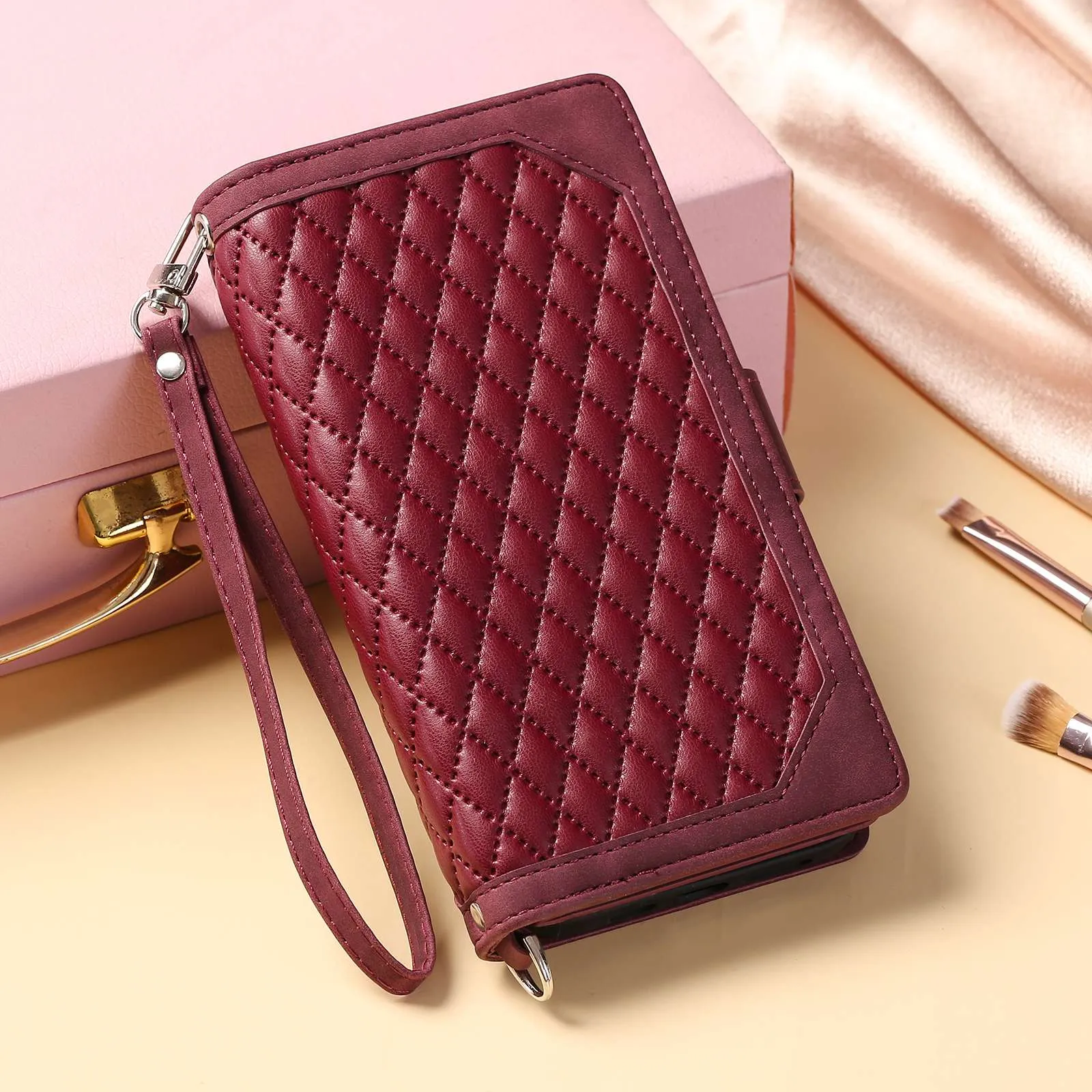 005 Style For Xiaomi Mi 11 Lite 4G / 5G / 5G NE, Rhombus Texture PU Leather Zipper Pocket Phone Case Shockproof Wallet Cover Viewing Stand with Strap