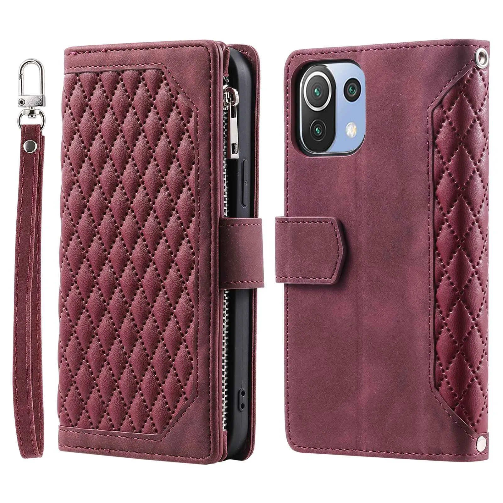 005 Style For Xiaomi Mi 11 Lite 4G / 5G / 5G NE, Rhombus Texture PU Leather Zipper Pocket Phone Case Shockproof Wallet Cover Viewing Stand with Strap