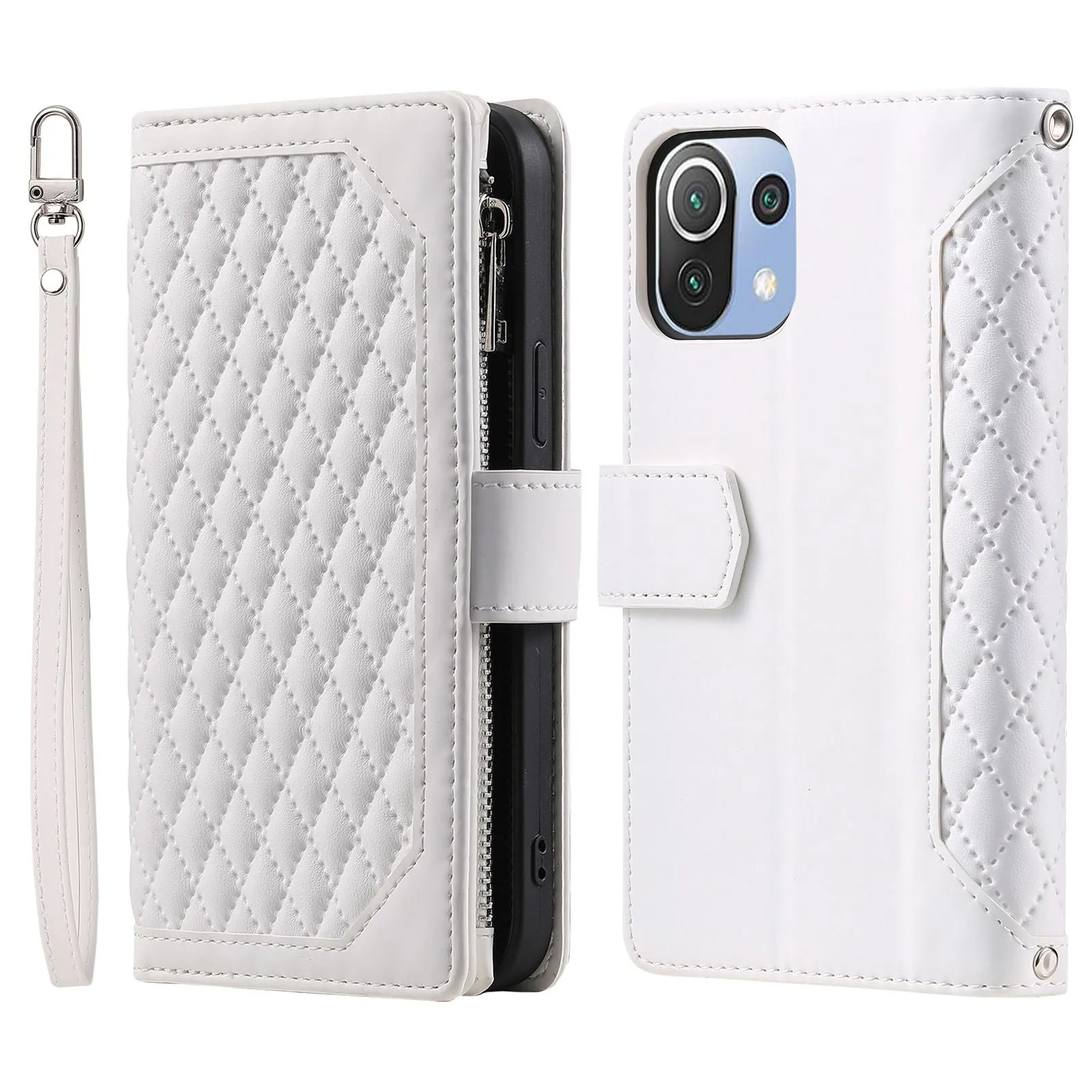 005 Style For Xiaomi Mi 11 Lite 4G / 5G / 5G NE, Rhombus Texture PU Leather Zipper Pocket Phone Case Shockproof Wallet Cover Viewing Stand with Strap