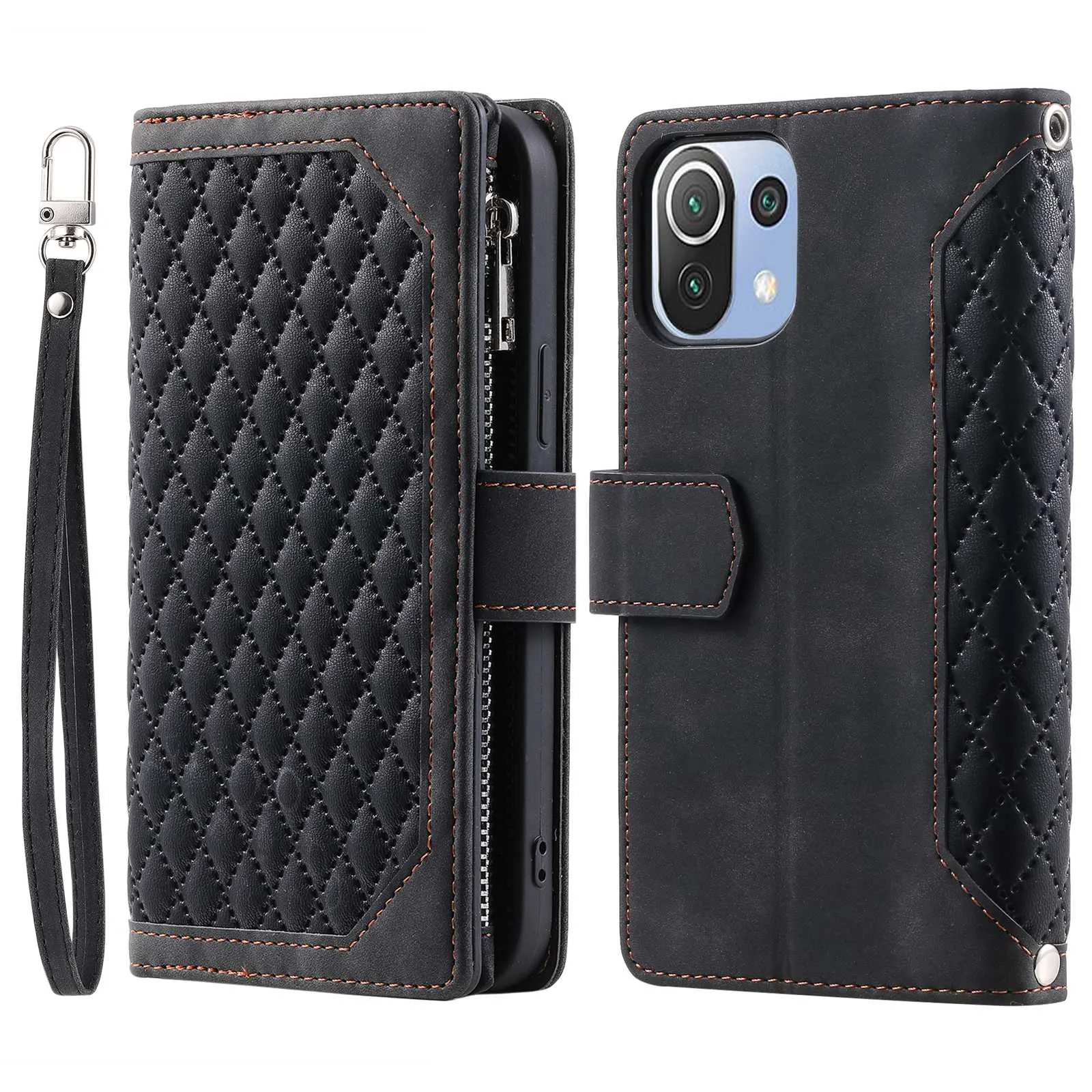 005 Style For Xiaomi Mi 11 Lite 4G / 5G / 5G NE, Rhombus Texture PU Leather Zipper Pocket Phone Case Shockproof Wallet Cover Viewing Stand with Strap