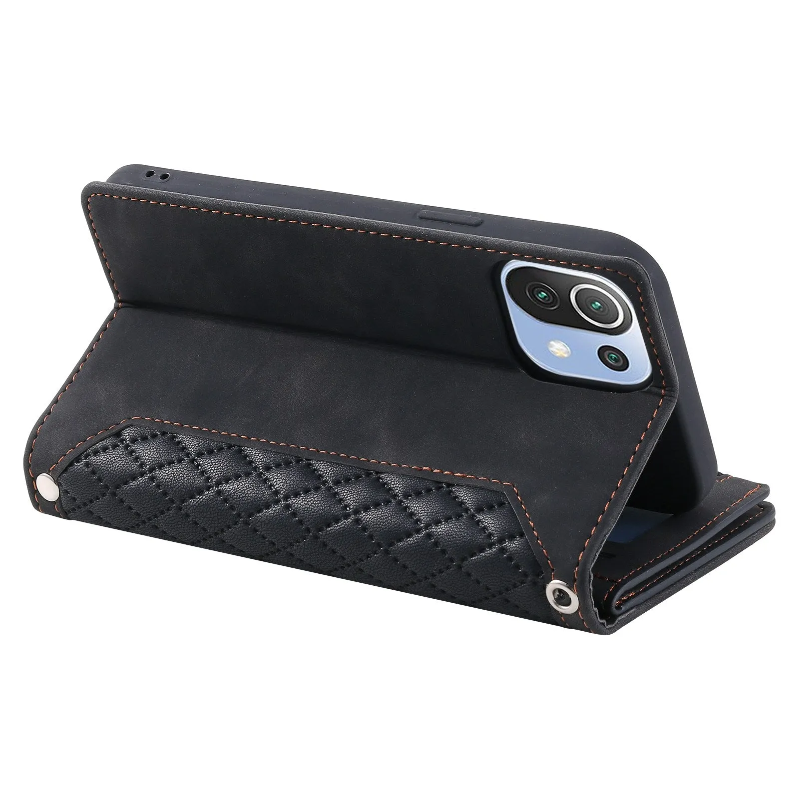 005 Style For Xiaomi Mi 11 Lite 4G / 5G / 5G NE, Rhombus Texture PU Leather Zipper Pocket Phone Case Shockproof Wallet Cover Viewing Stand with Strap