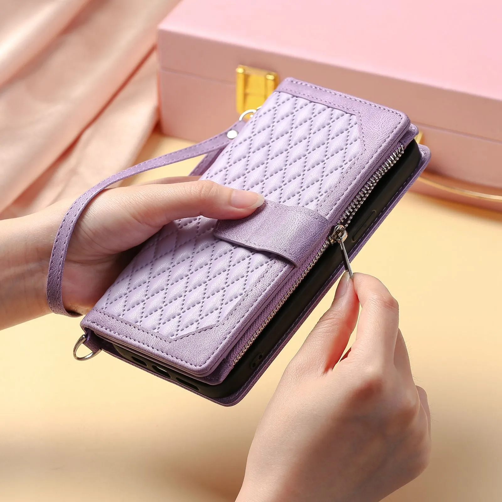 005 Style For Xiaomi Mi 11 Lite 4G / 5G / 5G NE, Rhombus Texture PU Leather Zipper Pocket Phone Case Shockproof Wallet Cover Viewing Stand with Strap