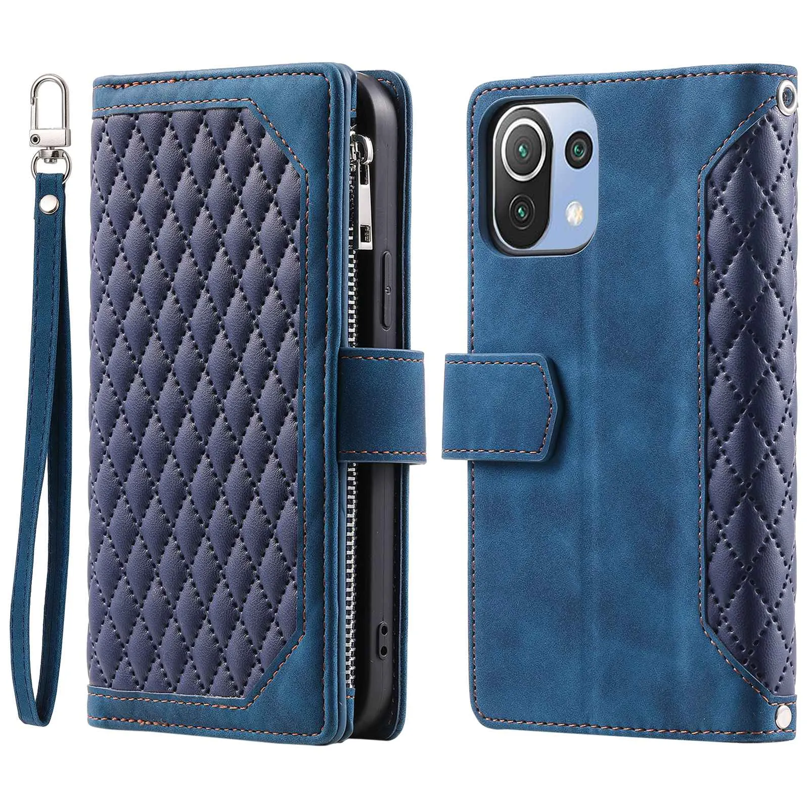 005 Style For Xiaomi Mi 11 Lite 4G / 5G / 5G NE, Rhombus Texture PU Leather Zipper Pocket Phone Case Shockproof Wallet Cover Viewing Stand with Strap