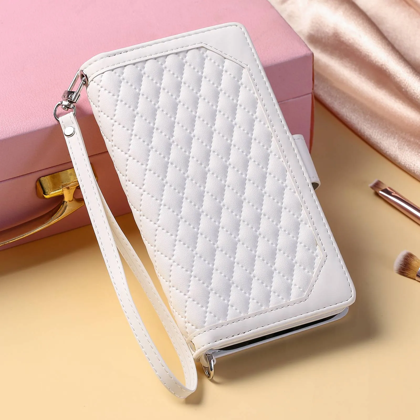 005 Style For Xiaomi Mi 11 Lite 4G / 5G / 5G NE, Rhombus Texture PU Leather Zipper Pocket Phone Case Shockproof Wallet Cover Viewing Stand with Strap