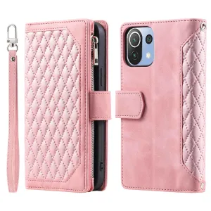 005 Style For Xiaomi Mi 11 Lite 4G / 5G / 5G NE, Rhombus Texture PU Leather Zipper Pocket Phone Case Shockproof Wallet Cover Viewing Stand with Strap