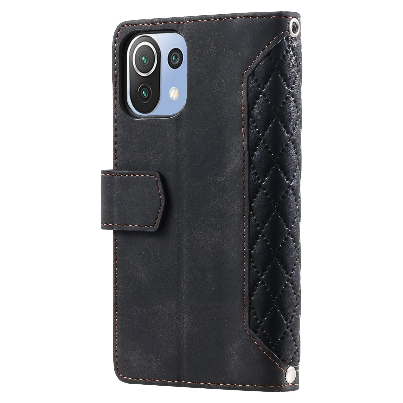 005 Style For Xiaomi Mi 11 Lite 4G / 5G / 5G NE, Rhombus Texture PU Leather Zipper Pocket Phone Case Shockproof Wallet Cover Viewing Stand with Strap