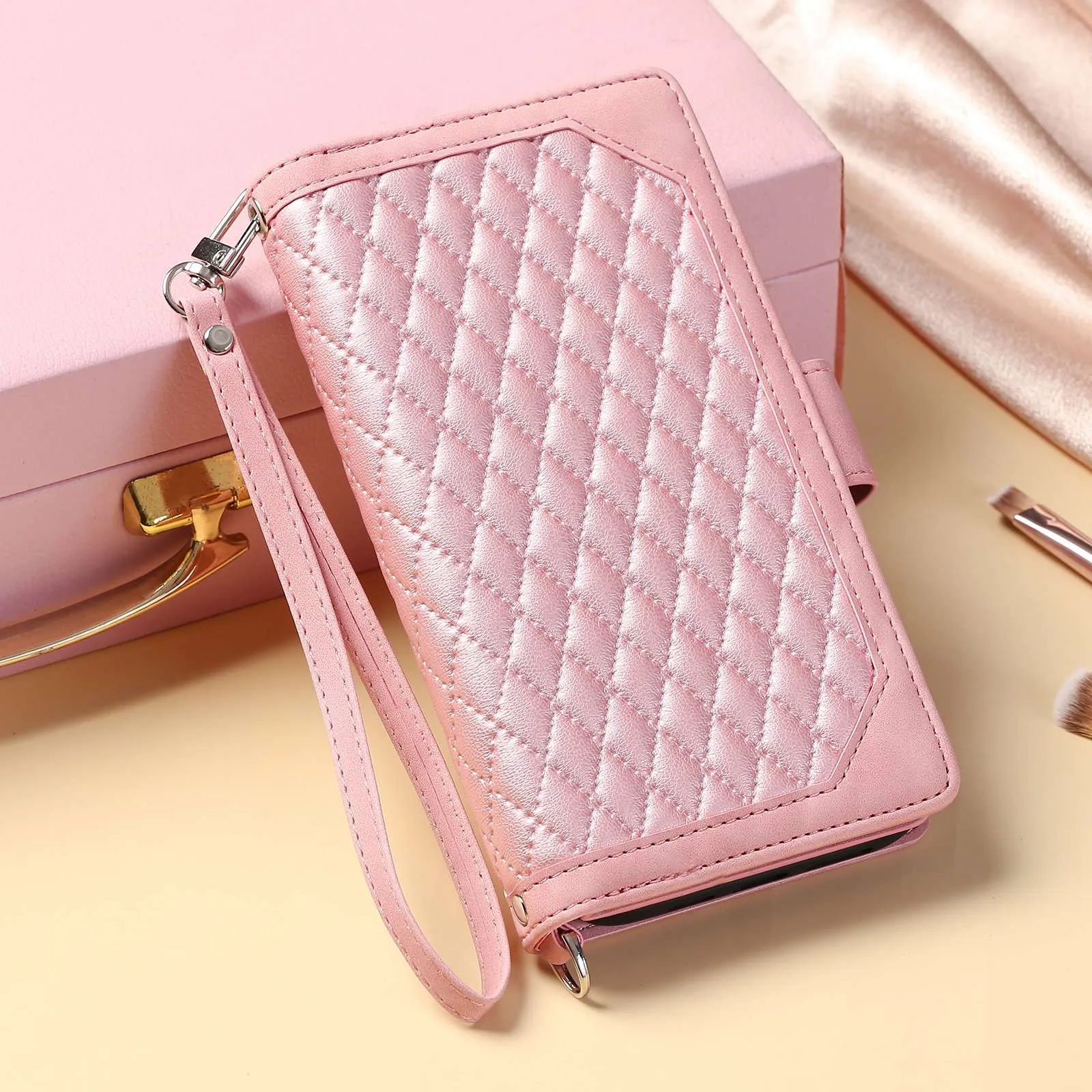 005 Style For Xiaomi Mi 11 Lite 4G / 5G / 5G NE, Rhombus Texture PU Leather Zipper Pocket Phone Case Shockproof Wallet Cover Viewing Stand with Strap