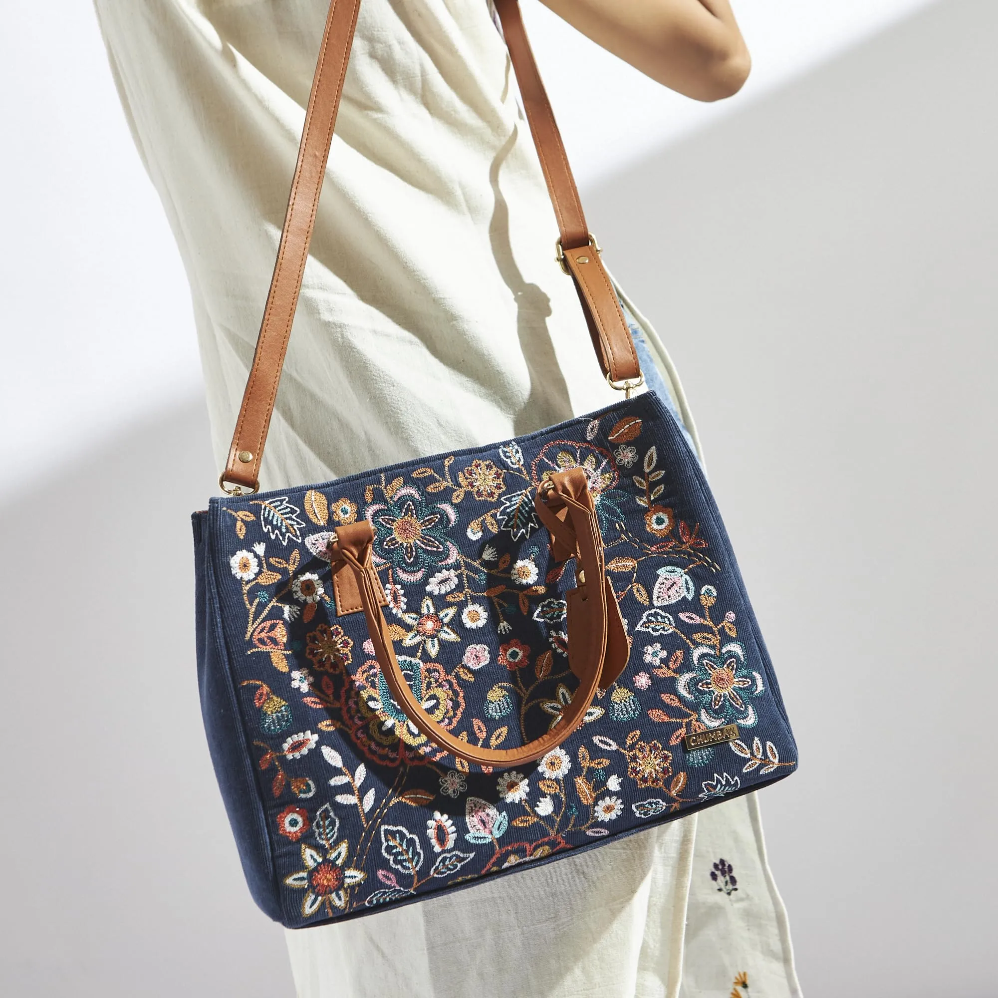 Chumbak Batik Bloom Embroidered Tote|Navy