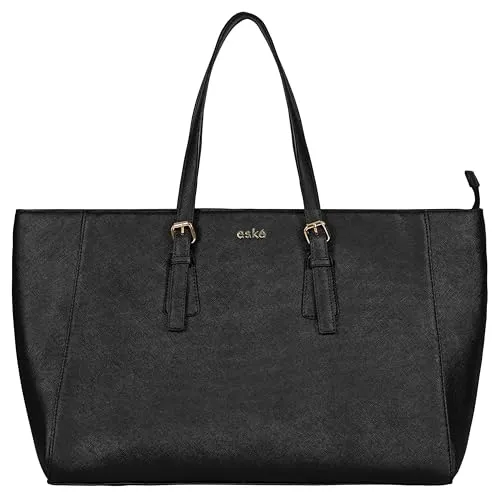 eske Myriane Vegan Leather Women's Tote Bag with Padded Laptop Compartment (Black Saffiano)