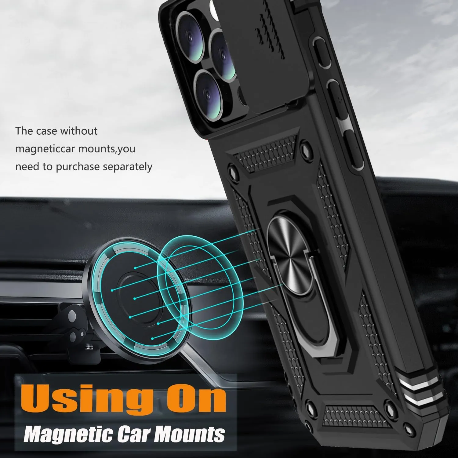 iPhone 16 Pro Case Slide Lens Cover & Built-in 360° Rotate Ring Stand Magnetic Case Black