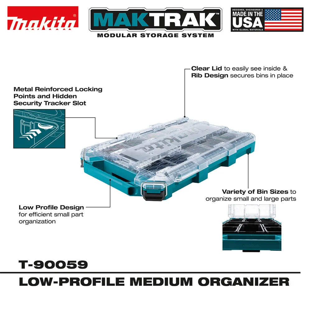 Makita T-90059 MAKTRAK Low-Profile Medium Organizer w/ 11 Organizer Bins