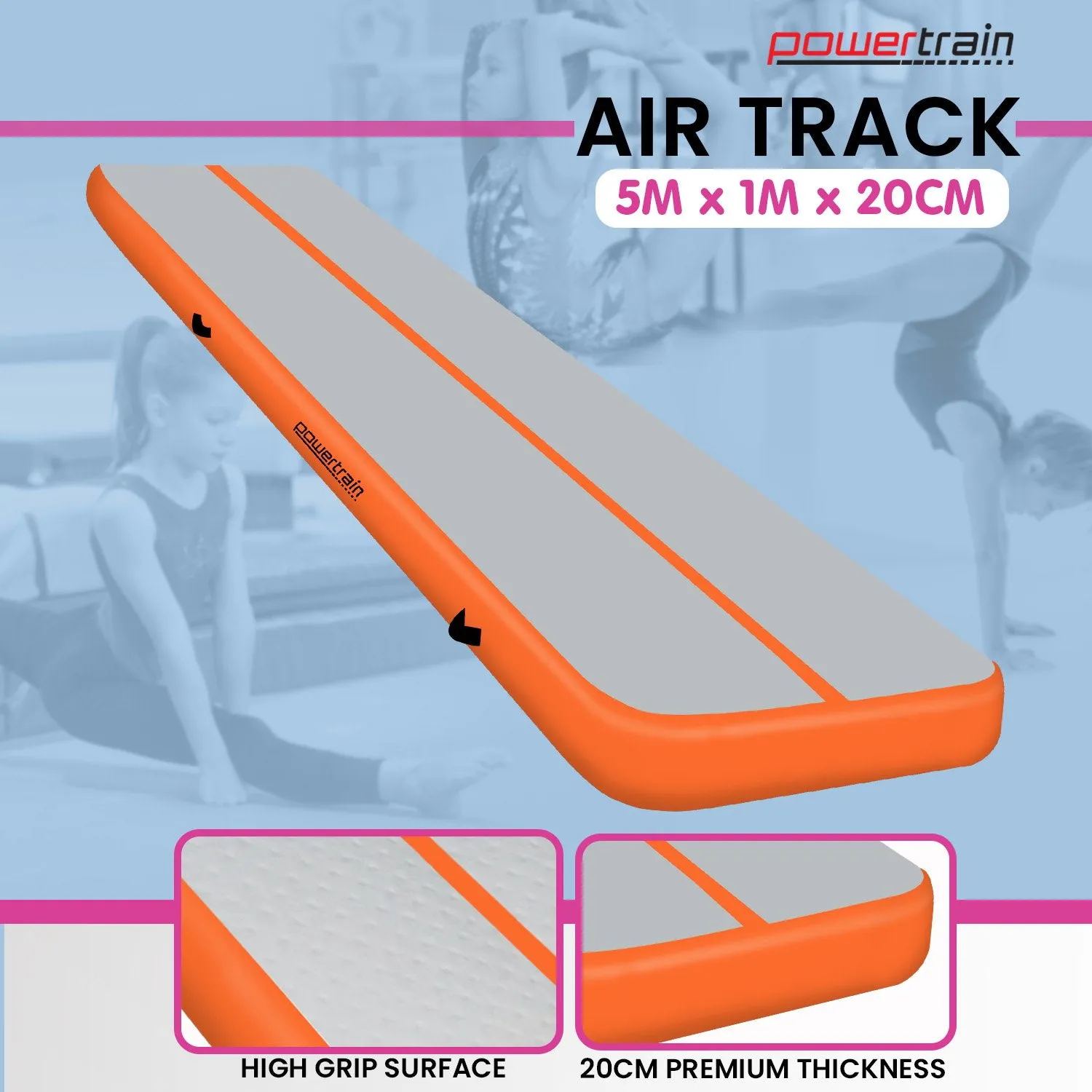 Powertrain 5m x 1m Air Track Inflatable Gymnastics Mat (Orange/Grey)