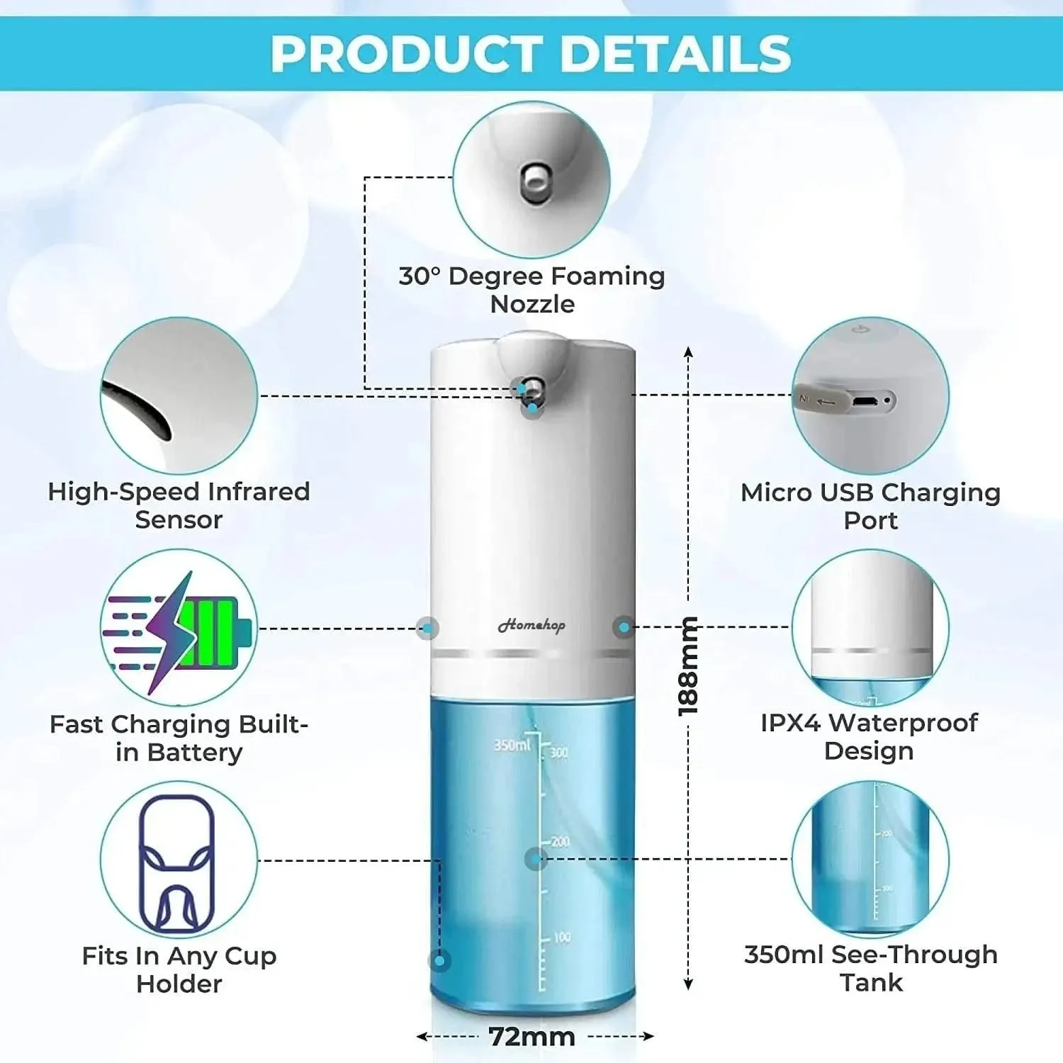 Refurbished USB Rechargeable Automatic Sensor Liquid Hand Wash Foam Soap Dispenser 350ml