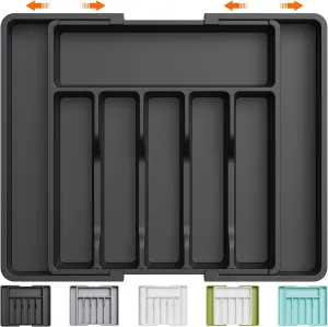 Silverware Drawer Organizer, Expandable Utensil Tray for Kitchen, BPA Free Flatware and Cutlery Holder, Adjustable Plastic Storage for Spoons Forks Knives, Large, Black