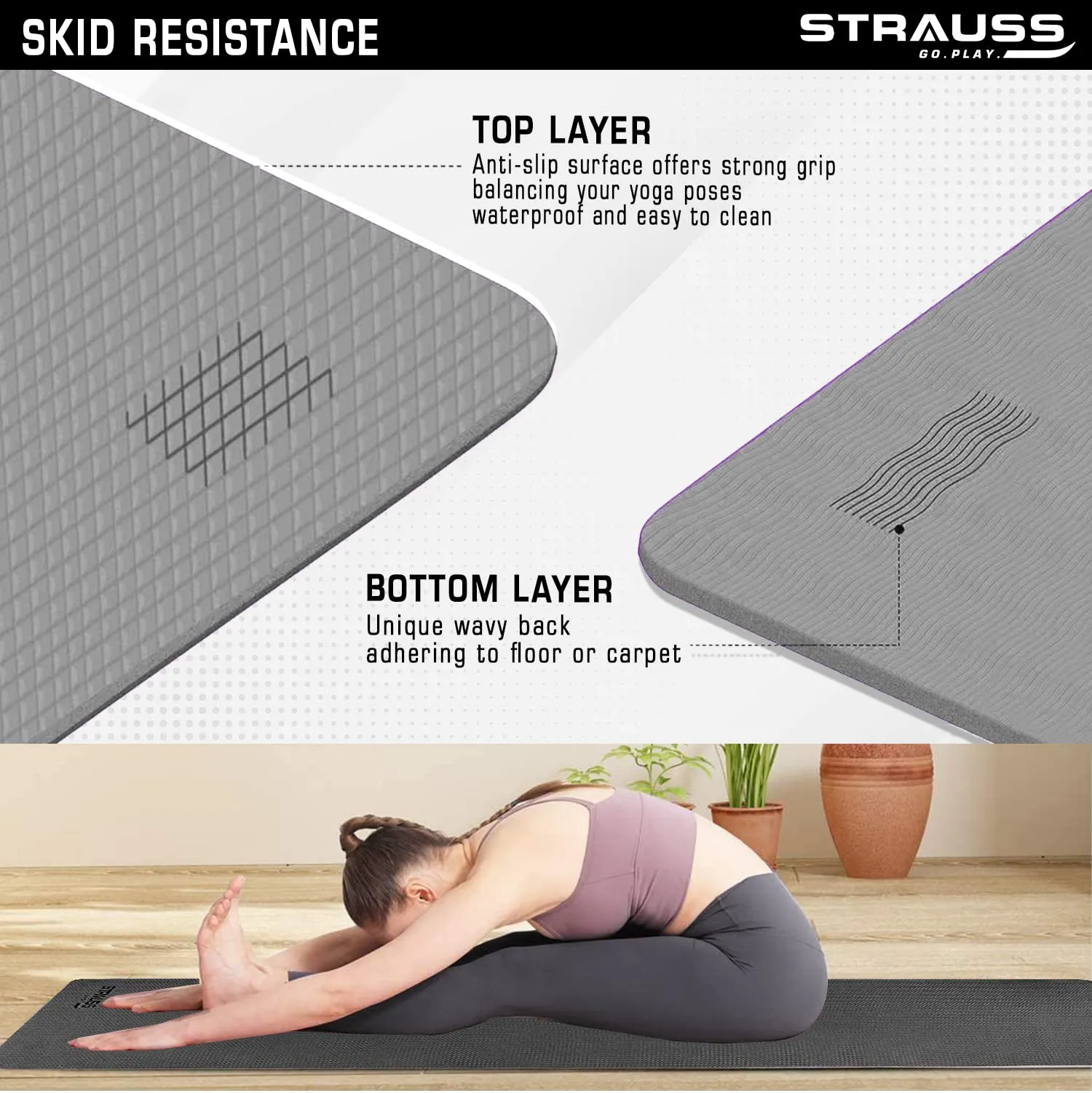 Strauss Anti Skid EVA Yoga Mat with Carry Strap, 4mm, (Grey)