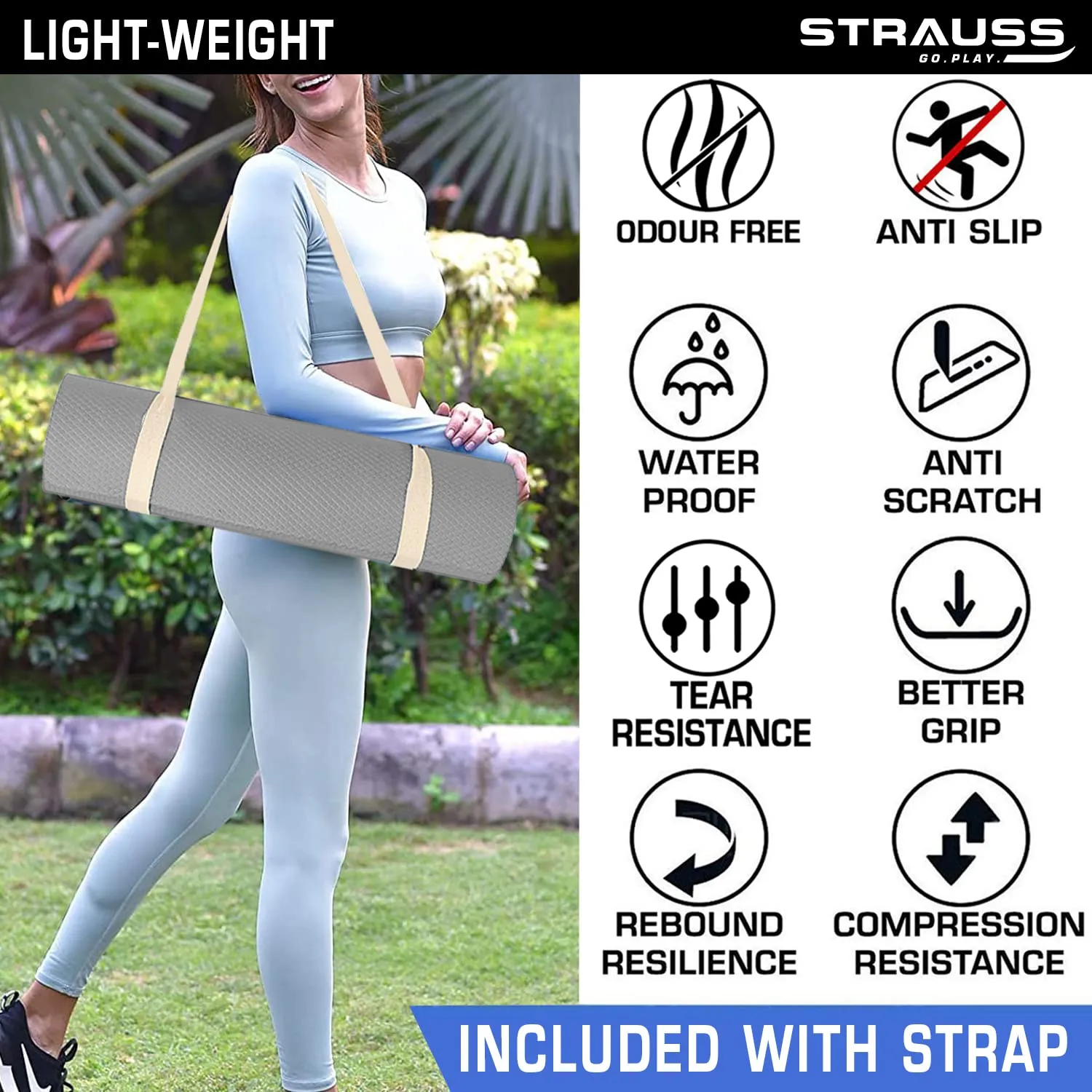 Strauss Anti Skid EVA Yoga Mat with Carry Strap, 4mm, (Grey)