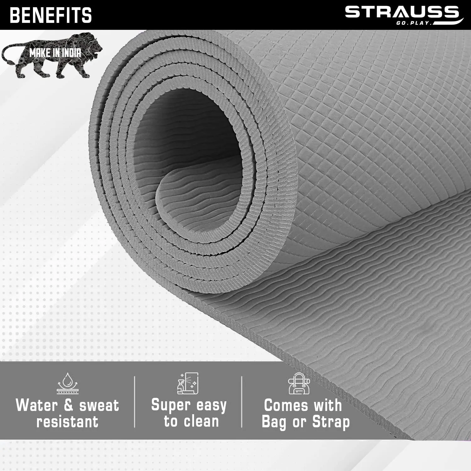 Strauss Anti Skid EVA Yoga Mat with Carry Strap, 4mm, (Grey)