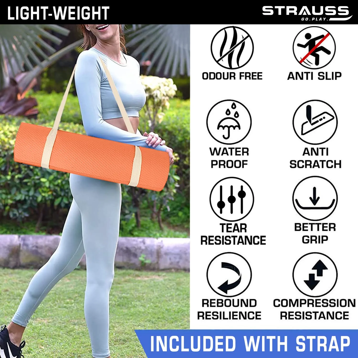 Strauss Anti Skid EVA Yoga Mat with Carry Strap, 6mm, (Orange)