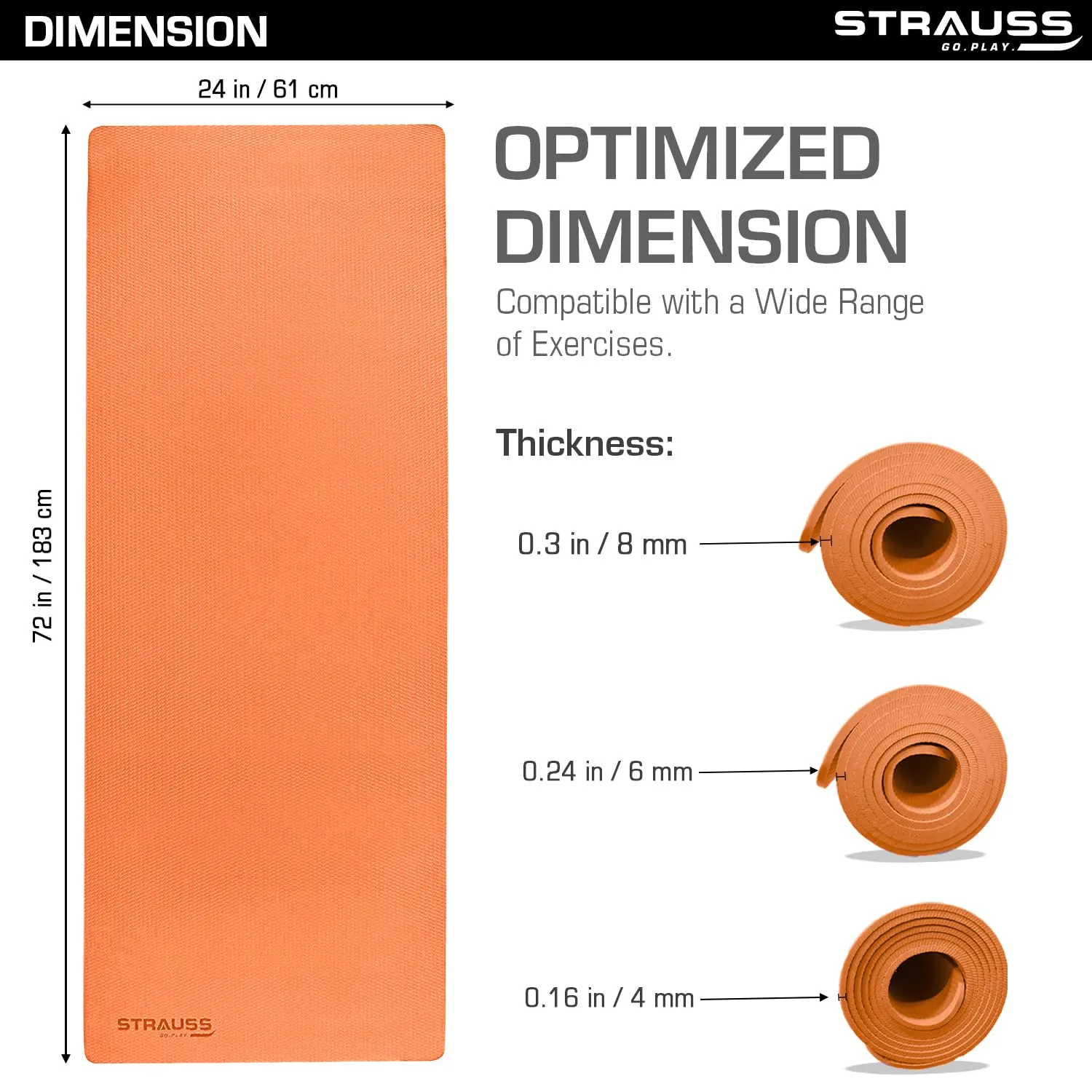 Strauss Anti Skid EVA Yoga Mat with Carry Strap, 6mm, (Orange)