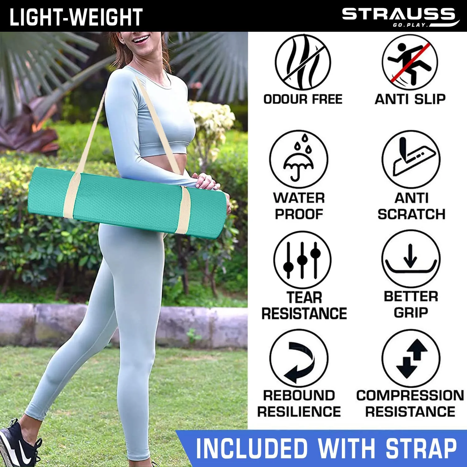 Strauss Anti Skid EVA Yoga Mat with Carry Strap, 6mm, (Sea Green)