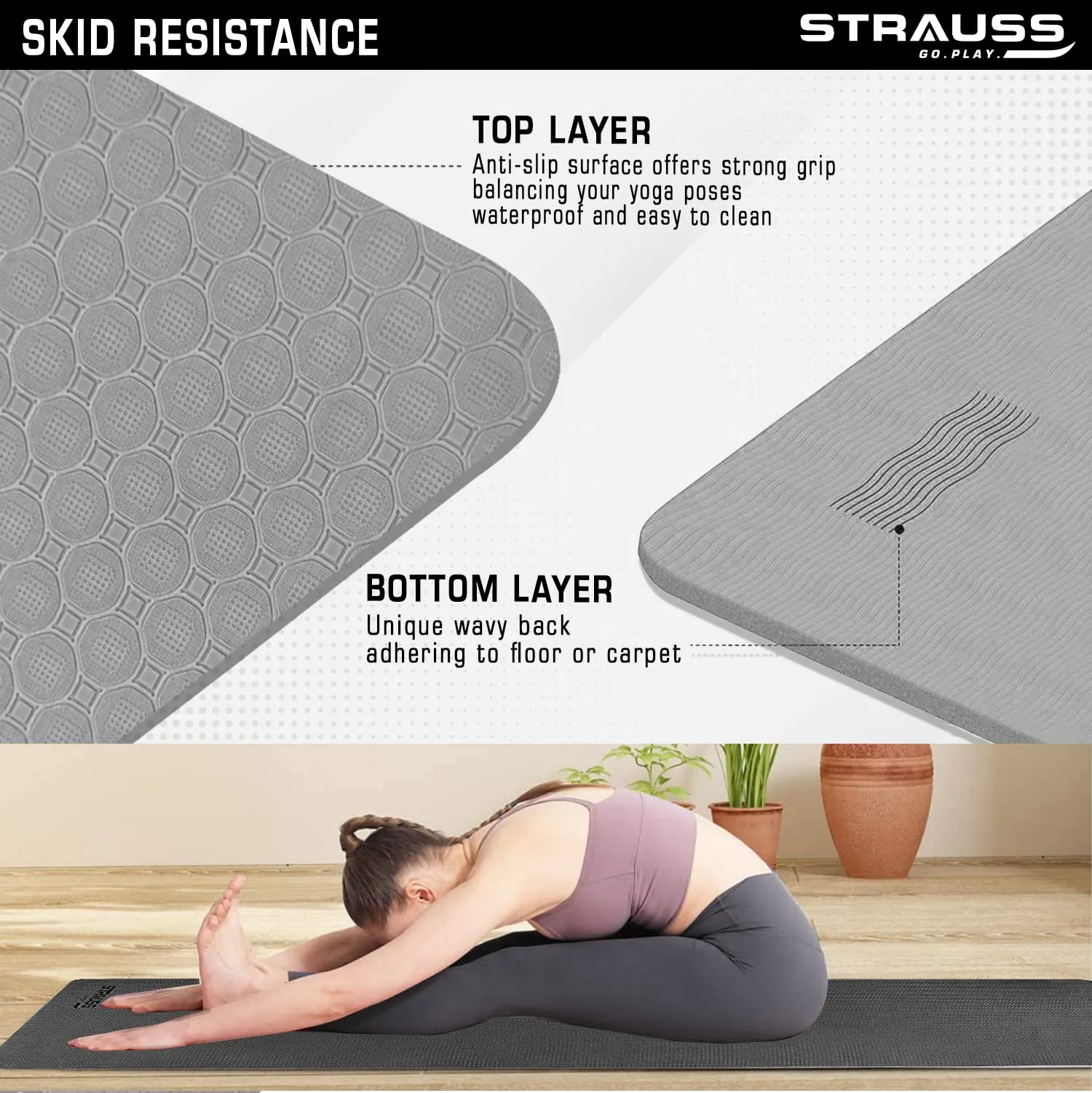 Strauss TPE Yoga Mat | Exercise Mat For Home Workout, Gym and Yoga Sessions | Anti Slip Gym Mat | Workout Mat For Men, Women and Kids | Yoga Mat With Carry Strap | Thickness: 6MM,(Grey)